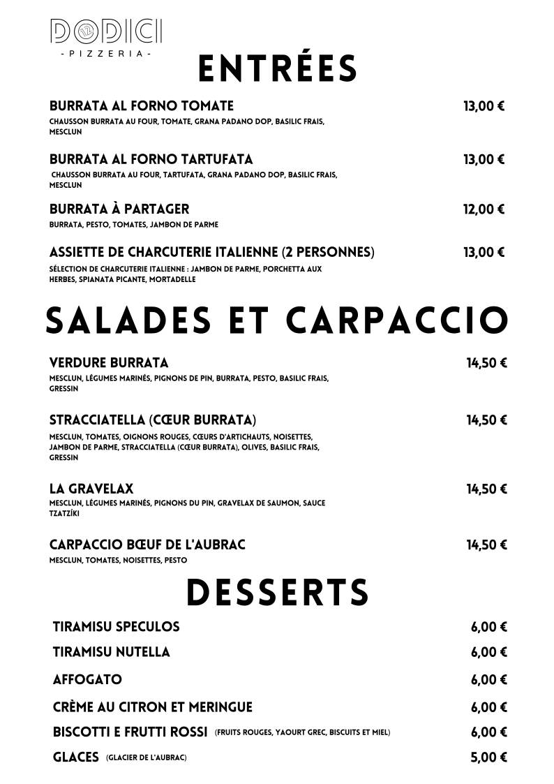 Menu de DODICI Pizzeria