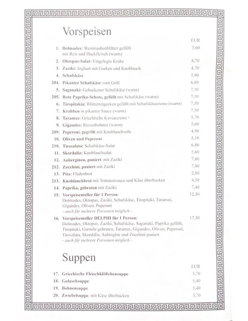 Menu de Restaurant Delphi Senden