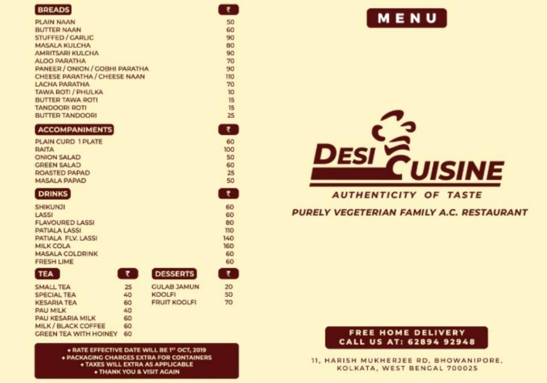 Desi Cuisine menu