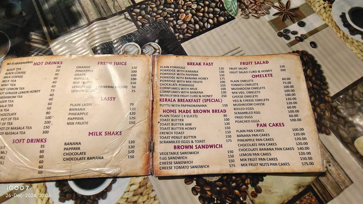 Ebonys Cafe Restaurant menu