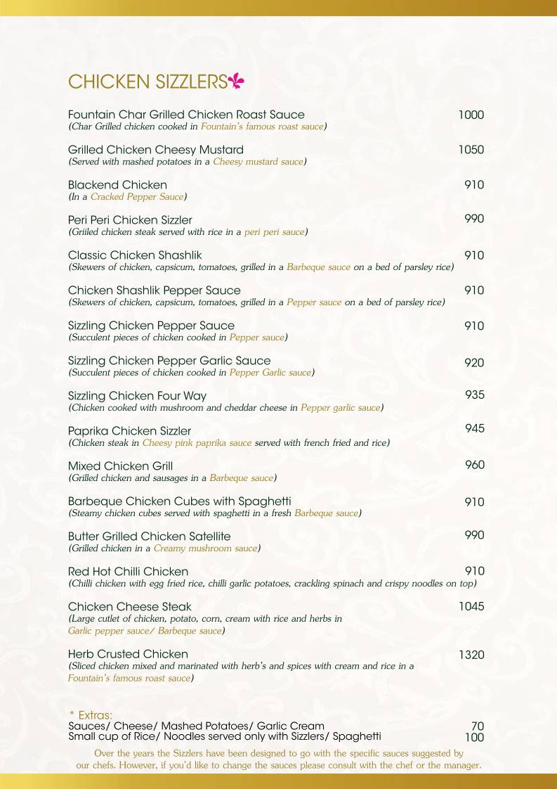 Fountain Sizzlers menu
