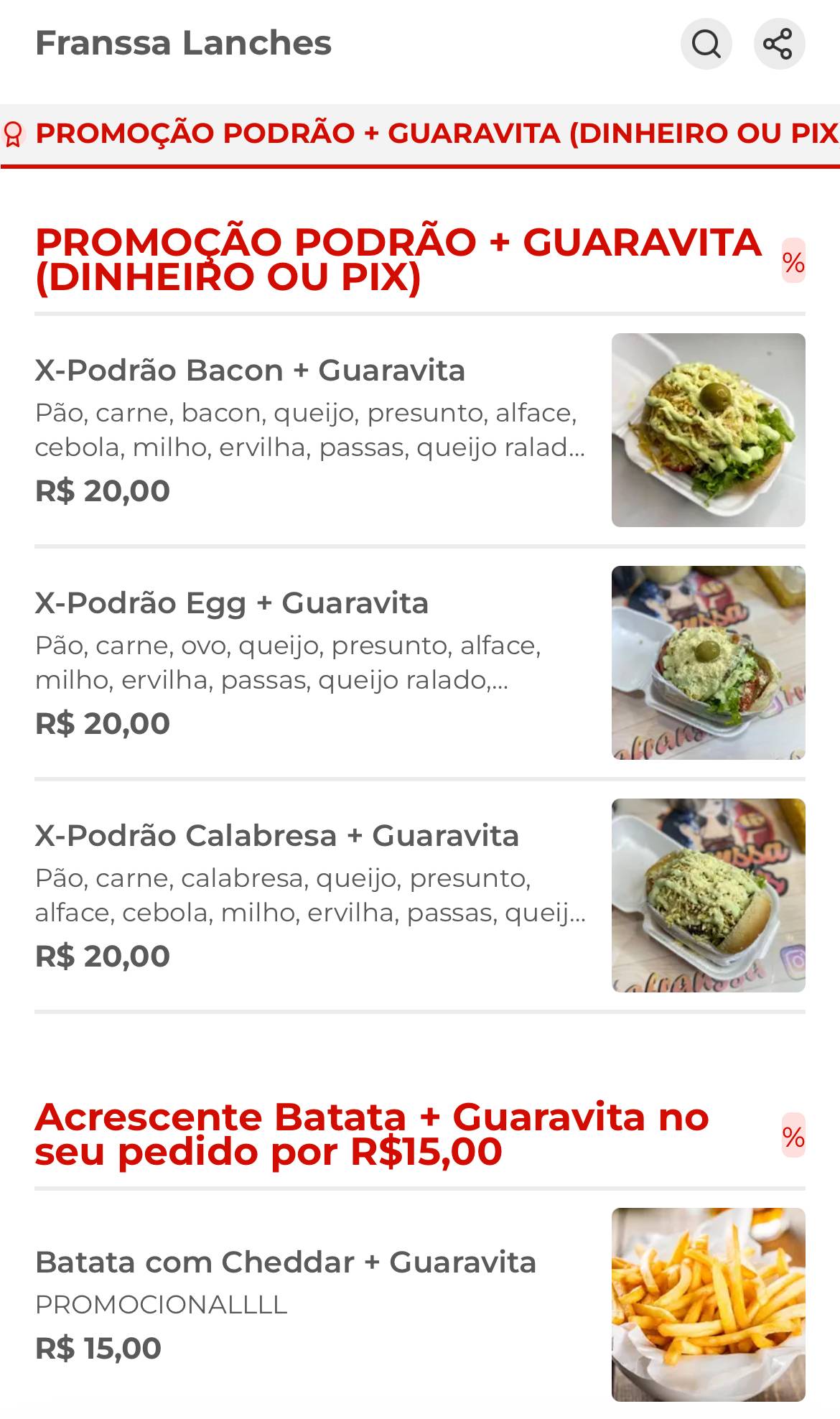 Franssa Lanches cardápio