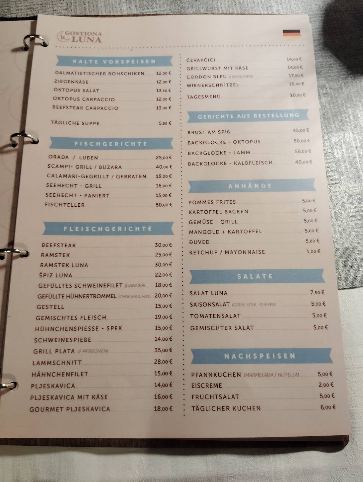 Menu di Gostionica Luna 