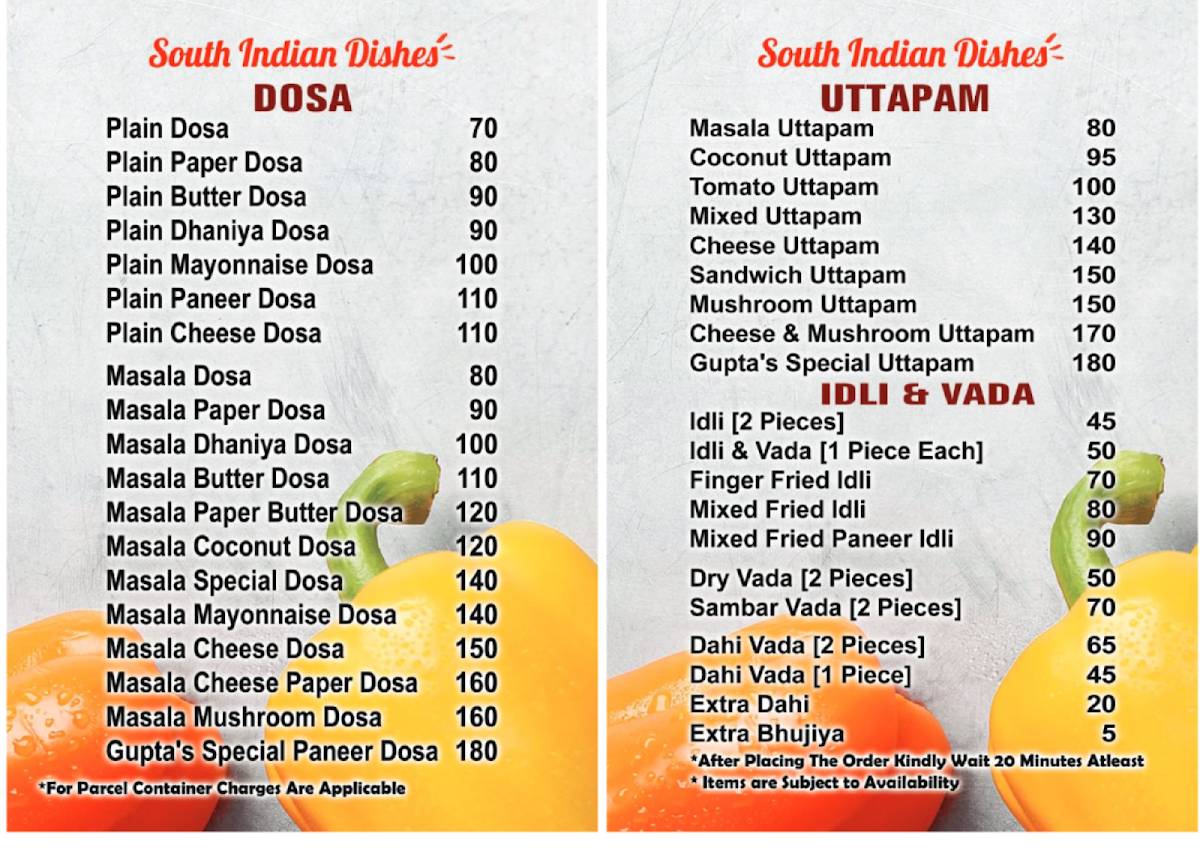 Gupta South Indian Fast Food Restuarant menu