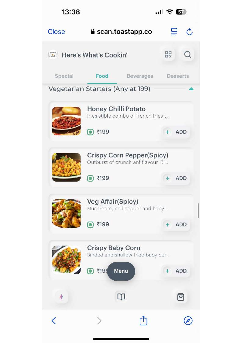 Here's What's Cookin` menu