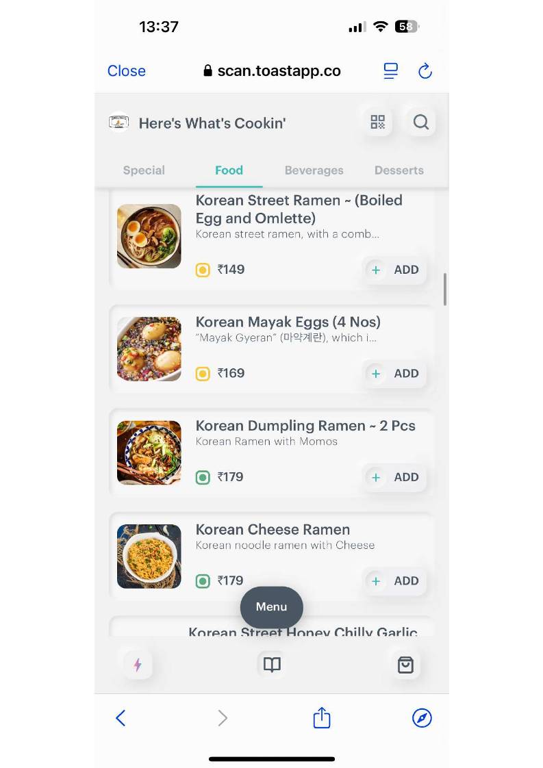 Here's What's Cookin` menu