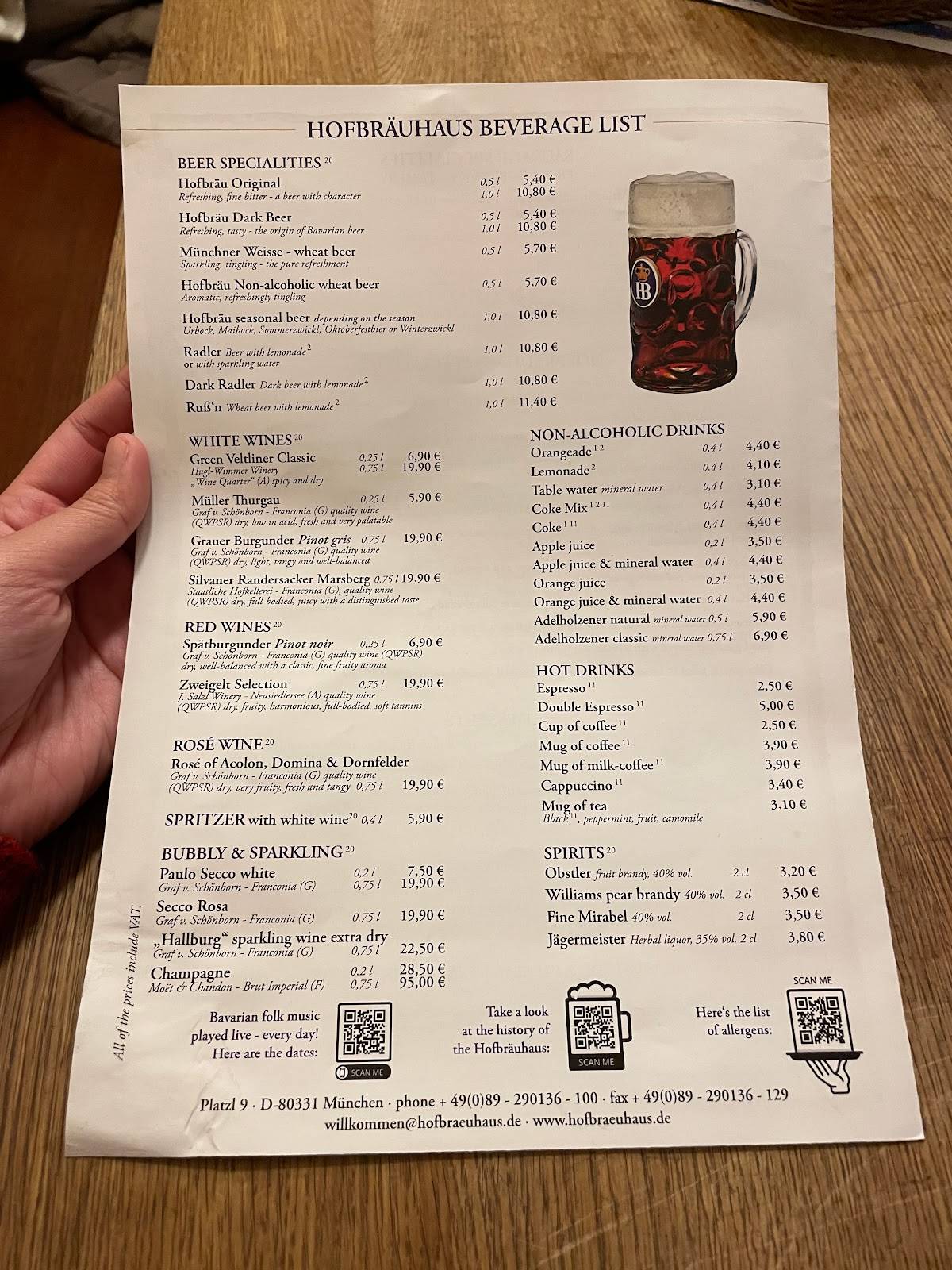 Speisekarte von Hofbräuhaus restaurant, München, Platzl 9