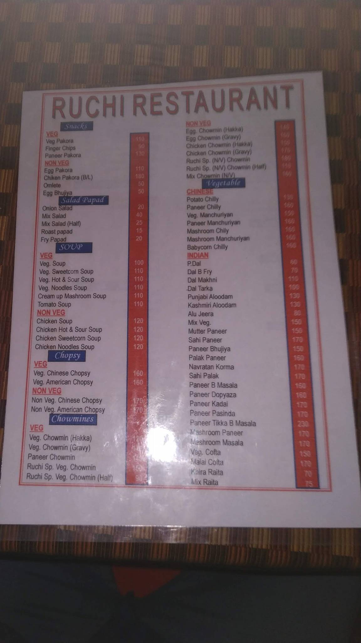 Hotel Aditya & Ruchi Restaurant menu