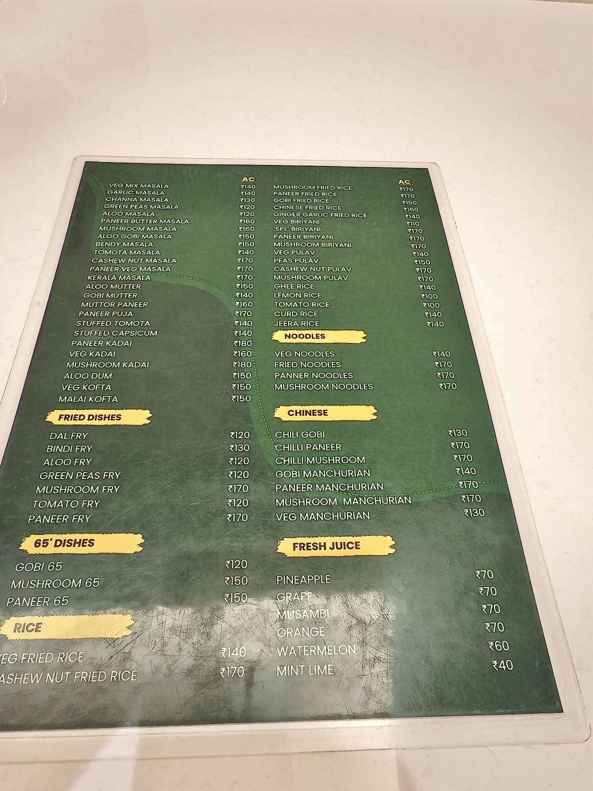 Hotel Aryas menu