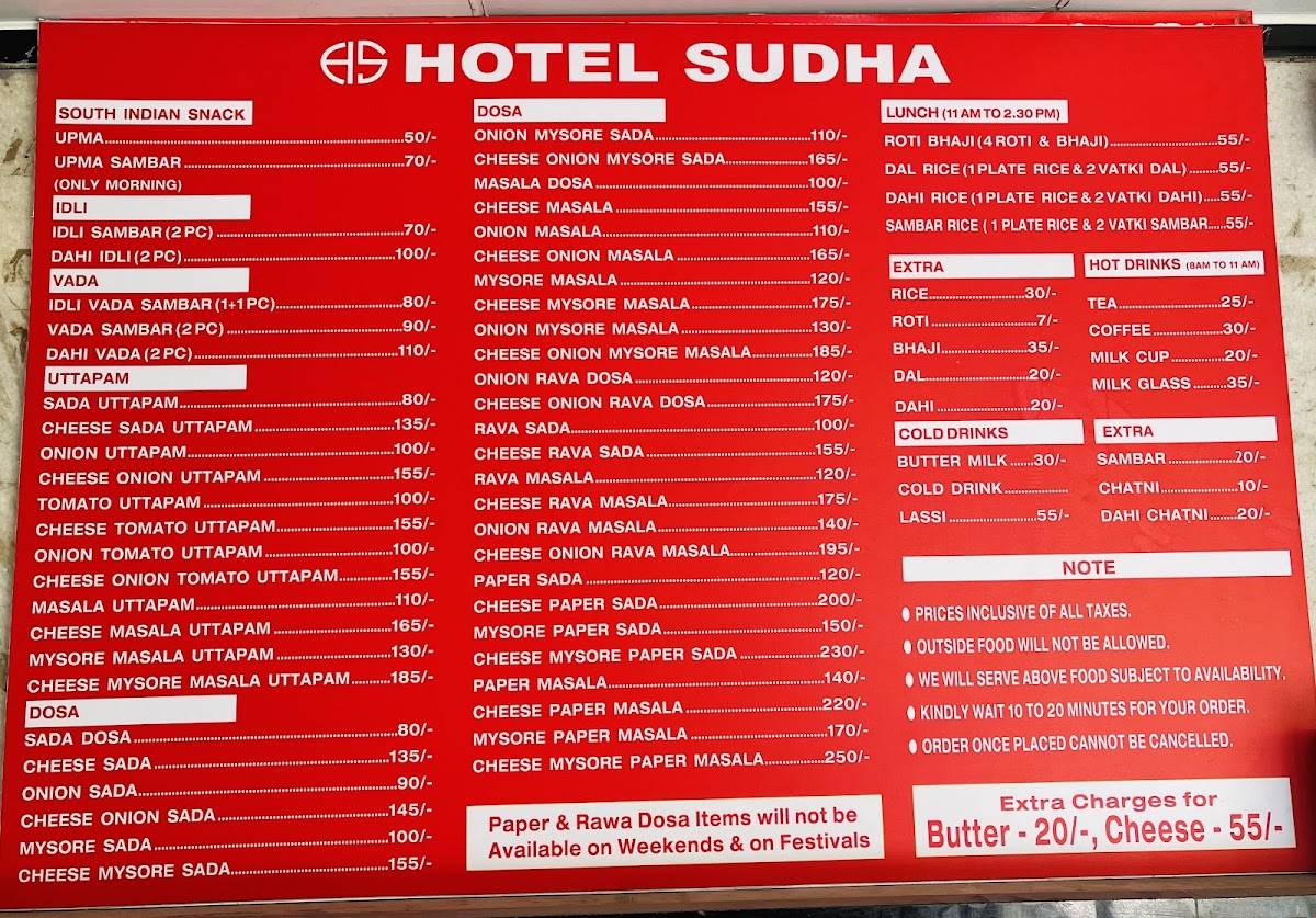 Hotel Sudha menu