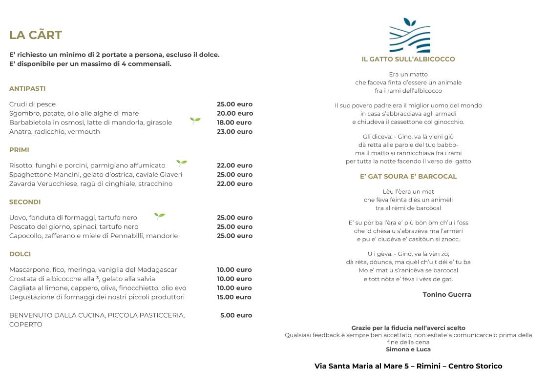 Menu di Il Gatto sull'Albicocco 