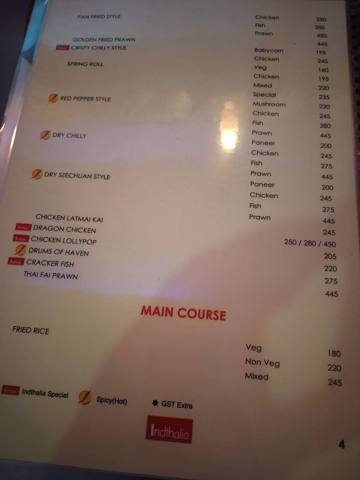Indthalia menu