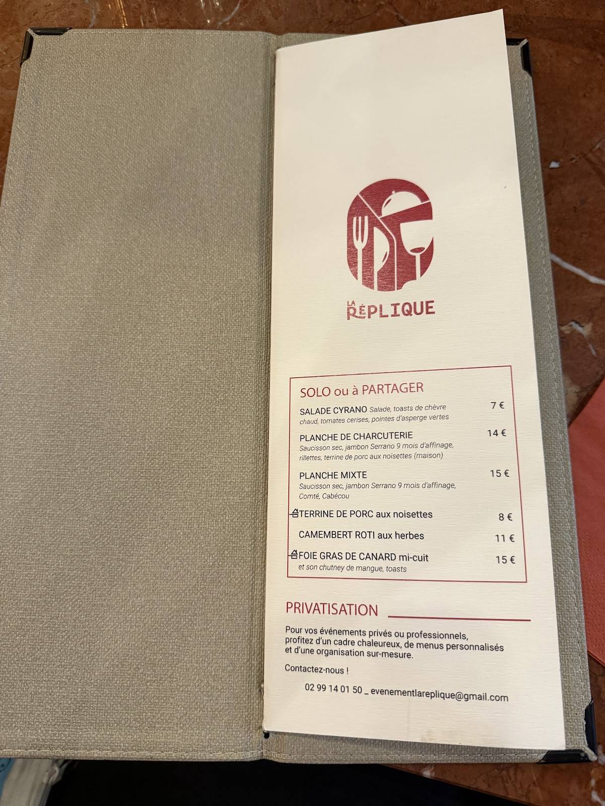Menu de La Réplique | Brasserie festive