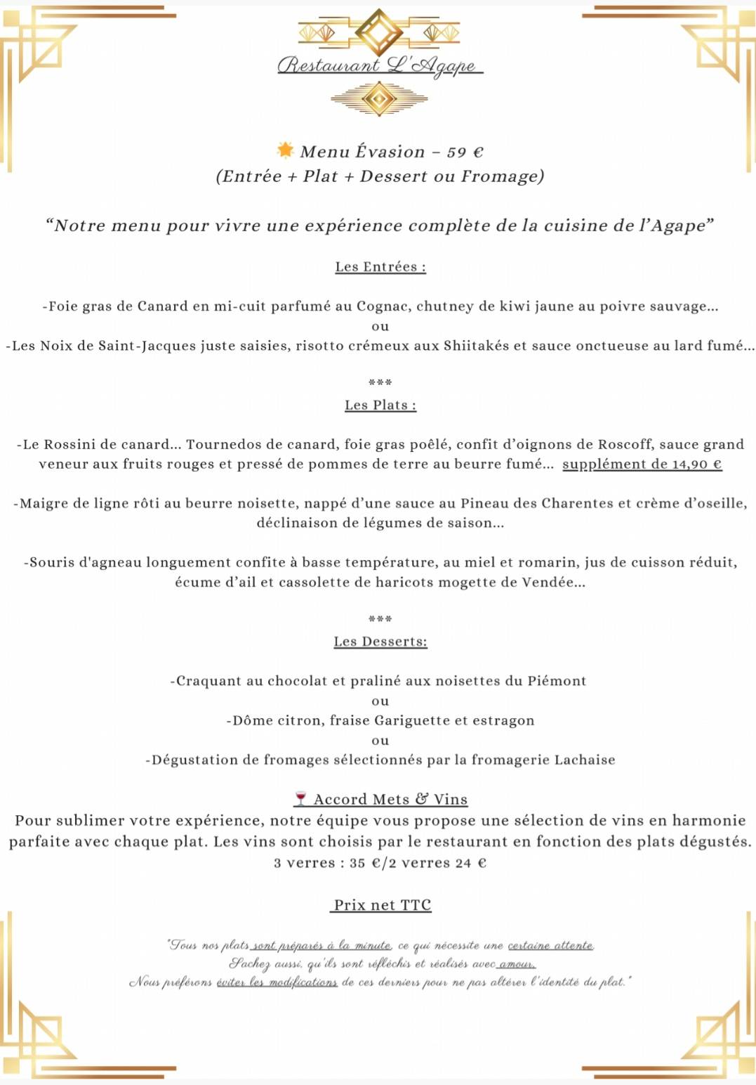 Menu de Restaurant L'Agape