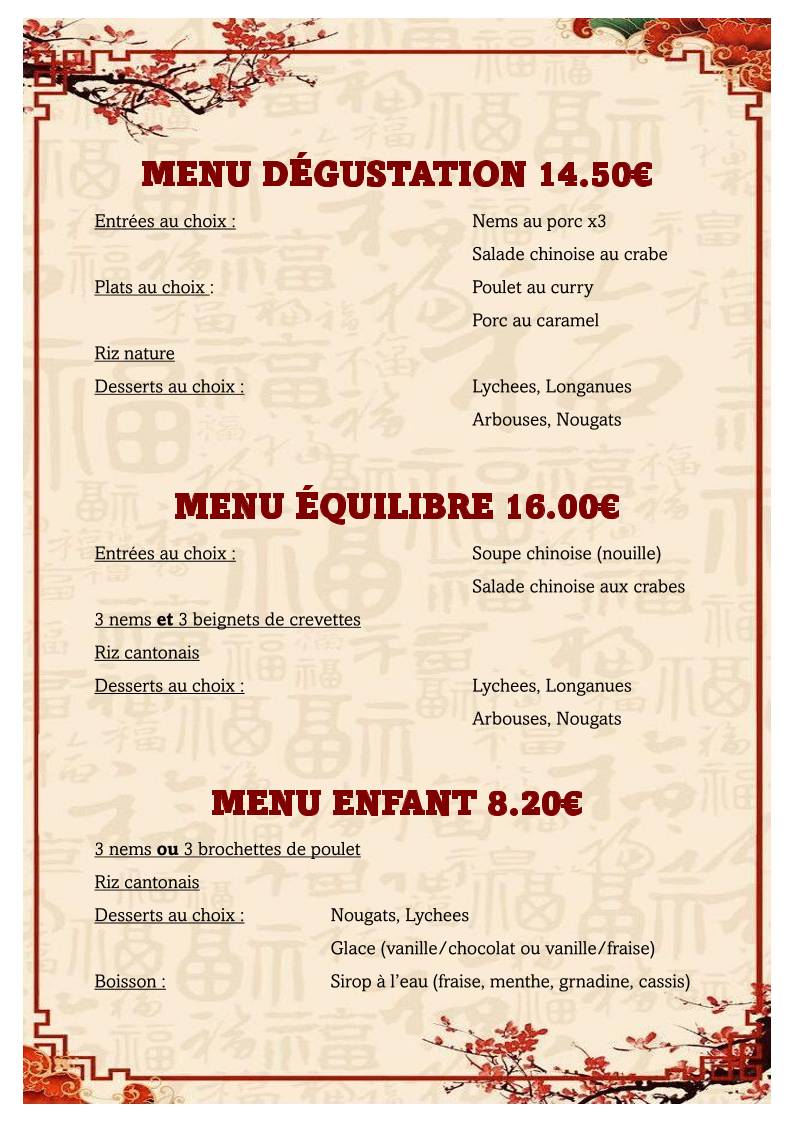 Menu de L'Asie Rochefort