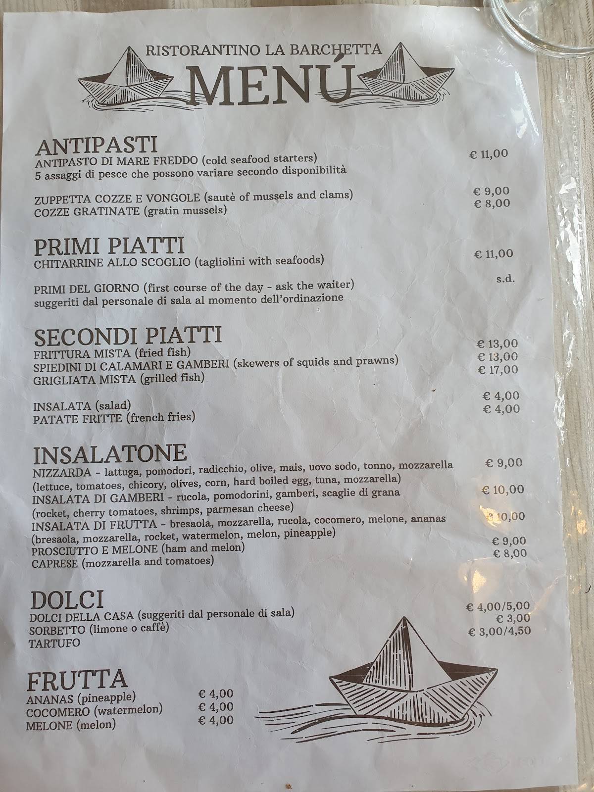 la barchetta del pescatore menù