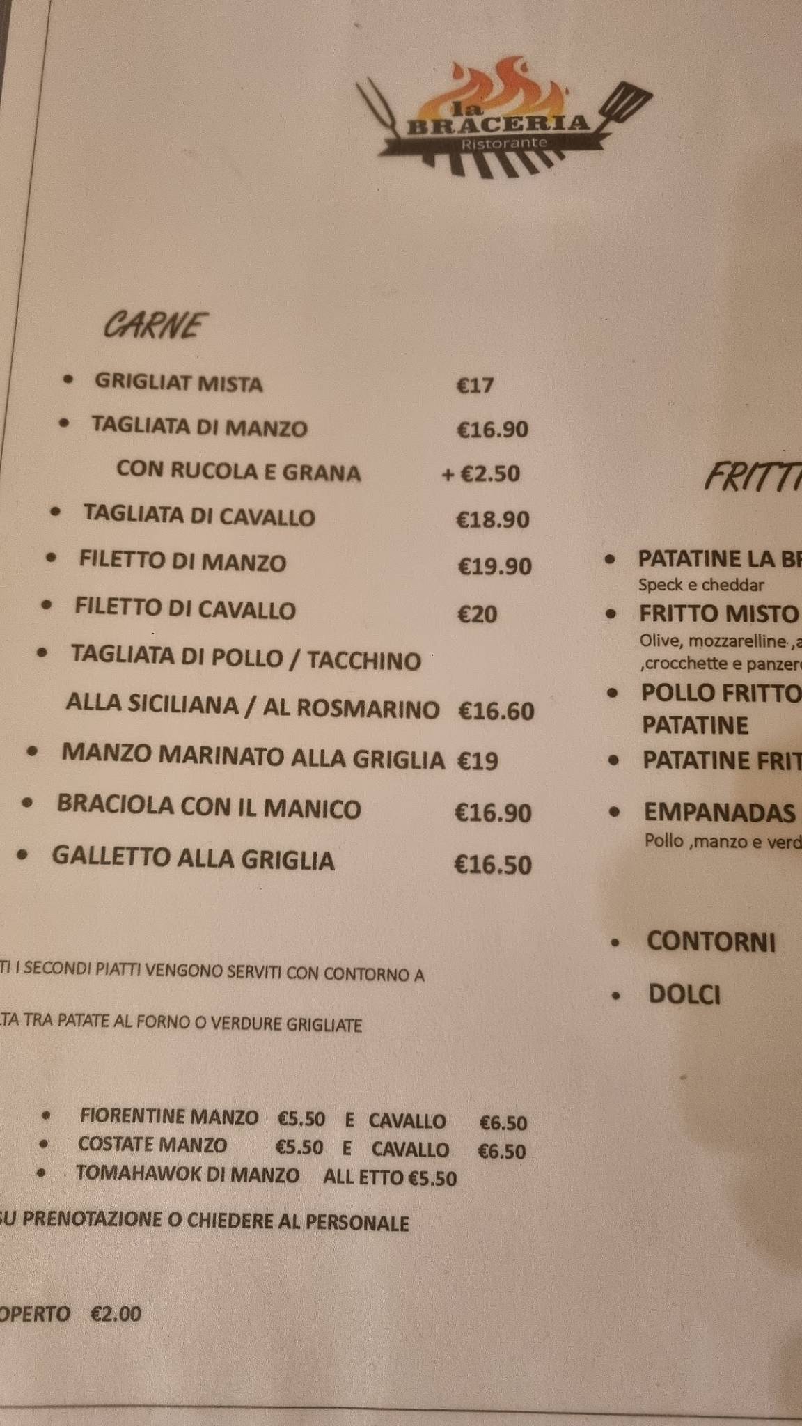Menu di La Braceria Trattoria Griglieria 