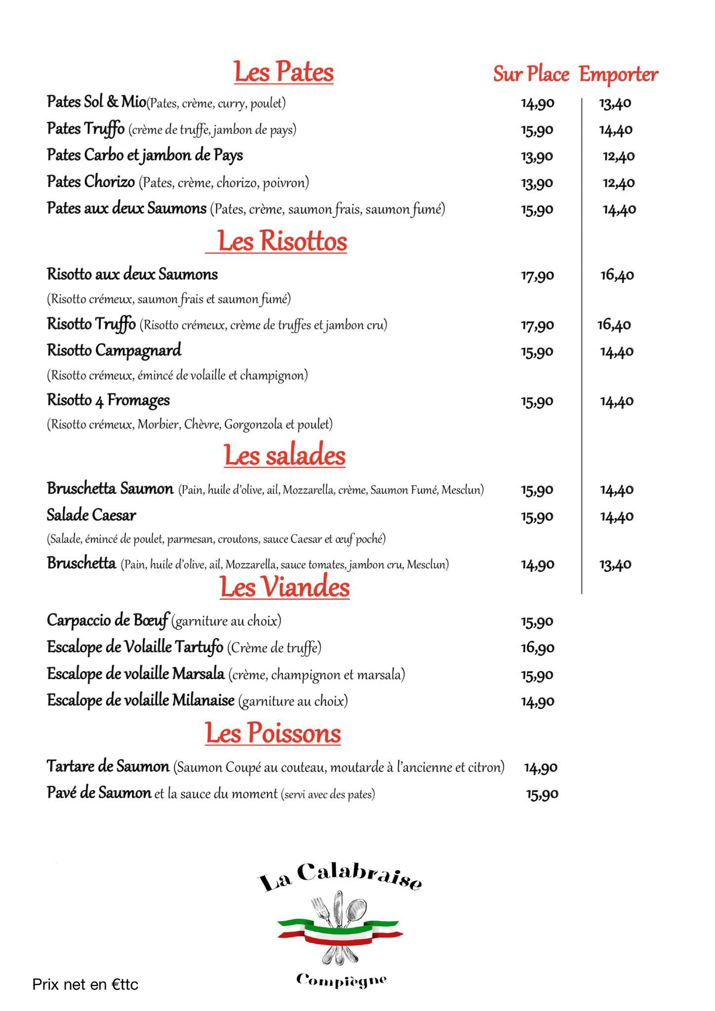 Menu de La Calabraise