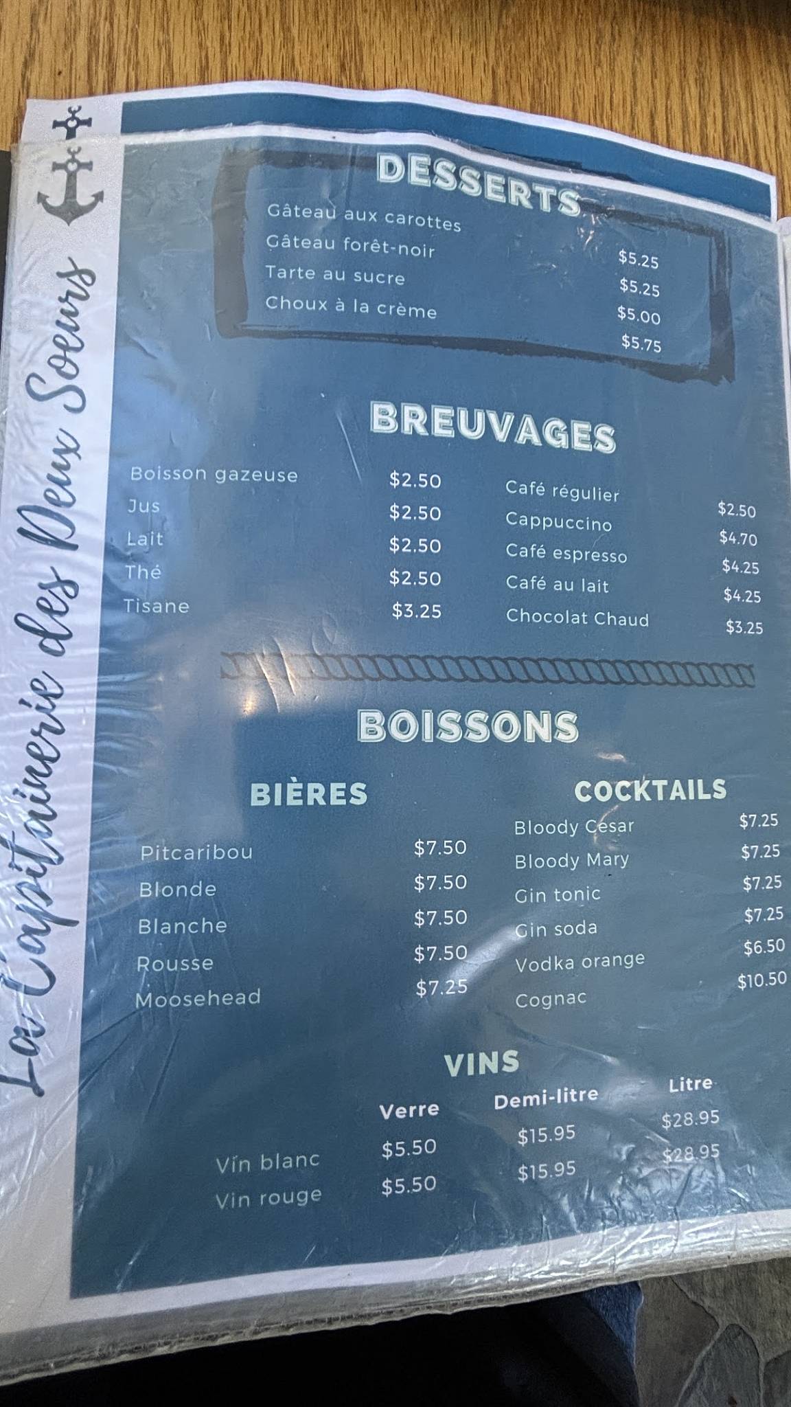 Menu de La Capitainerie des 2 sœurs