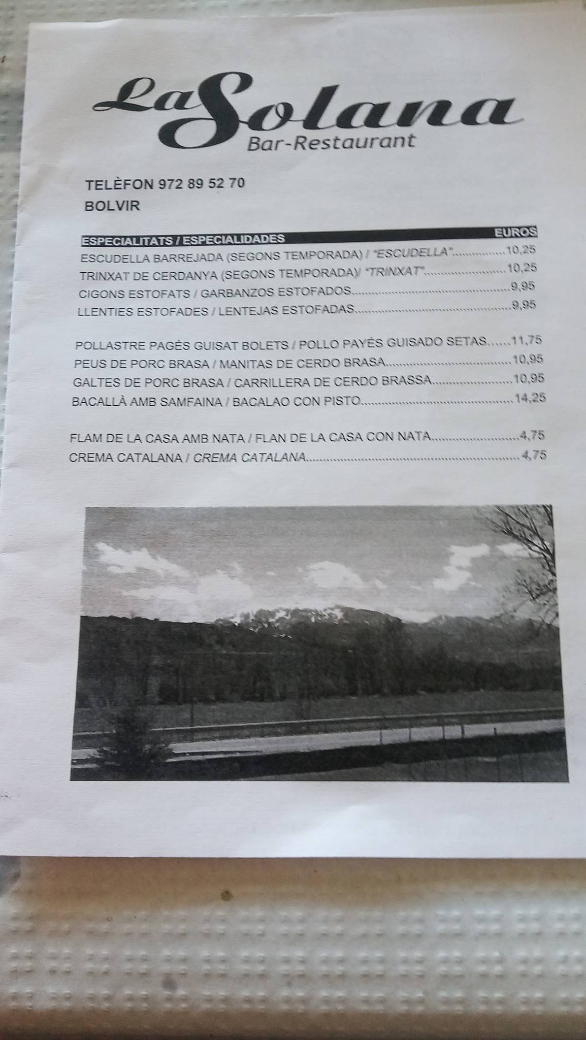 Carta de Restaurant La Solana, Bolvir