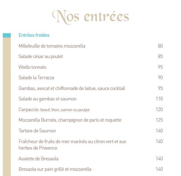 Menu de La Terrazza Rabat