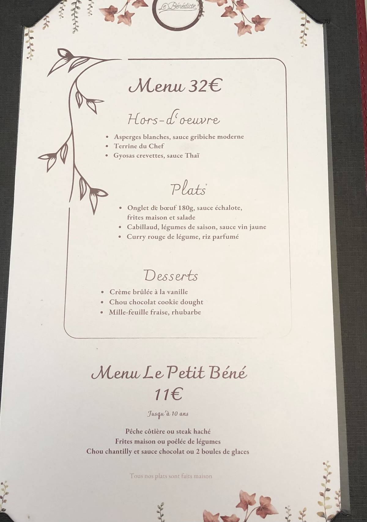 Menu de Le Bénédicte