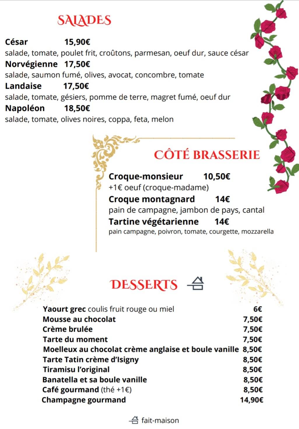 Menu de Le Napoléon