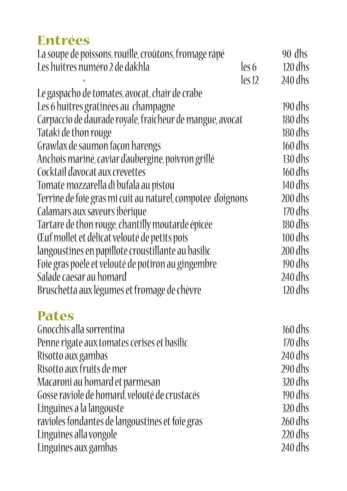 Menu de Le Palace Marrakech