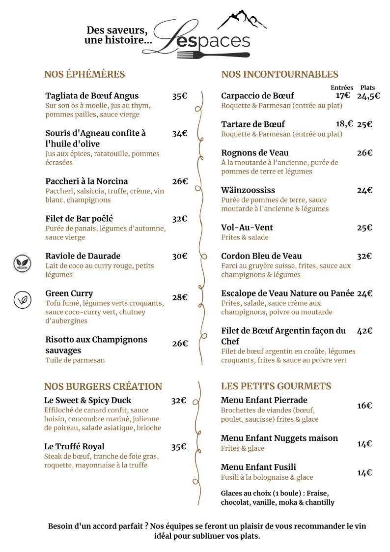 Menu de Restaurant Les Espaces