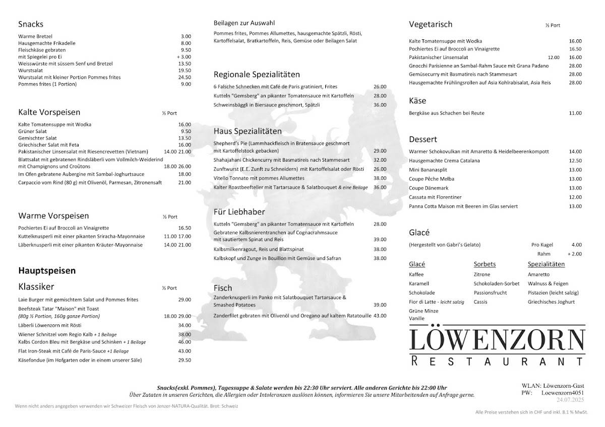 Menu di Restaurant Löwenzorn 