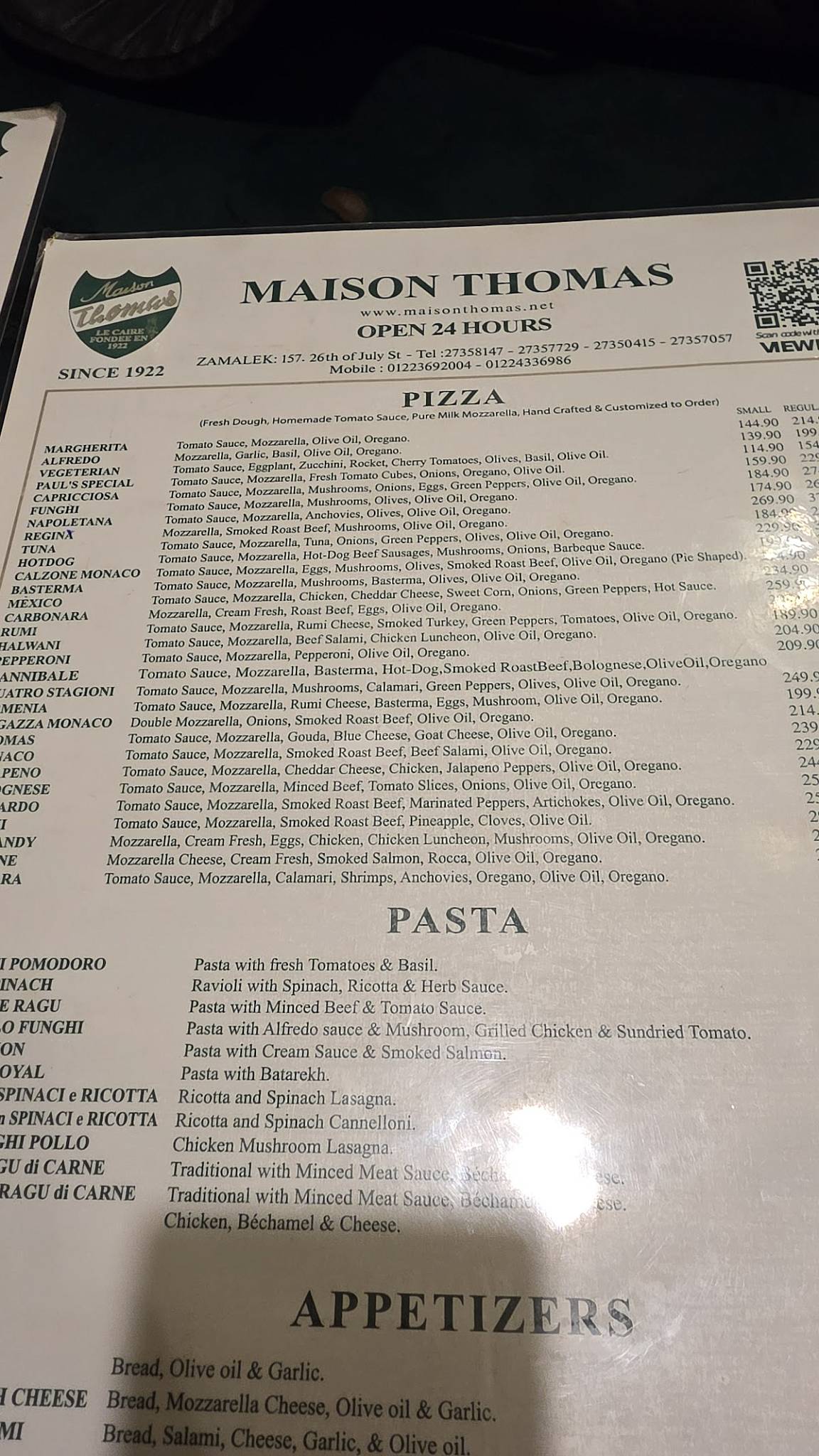 Menu de Maison Thomas - Zamalek