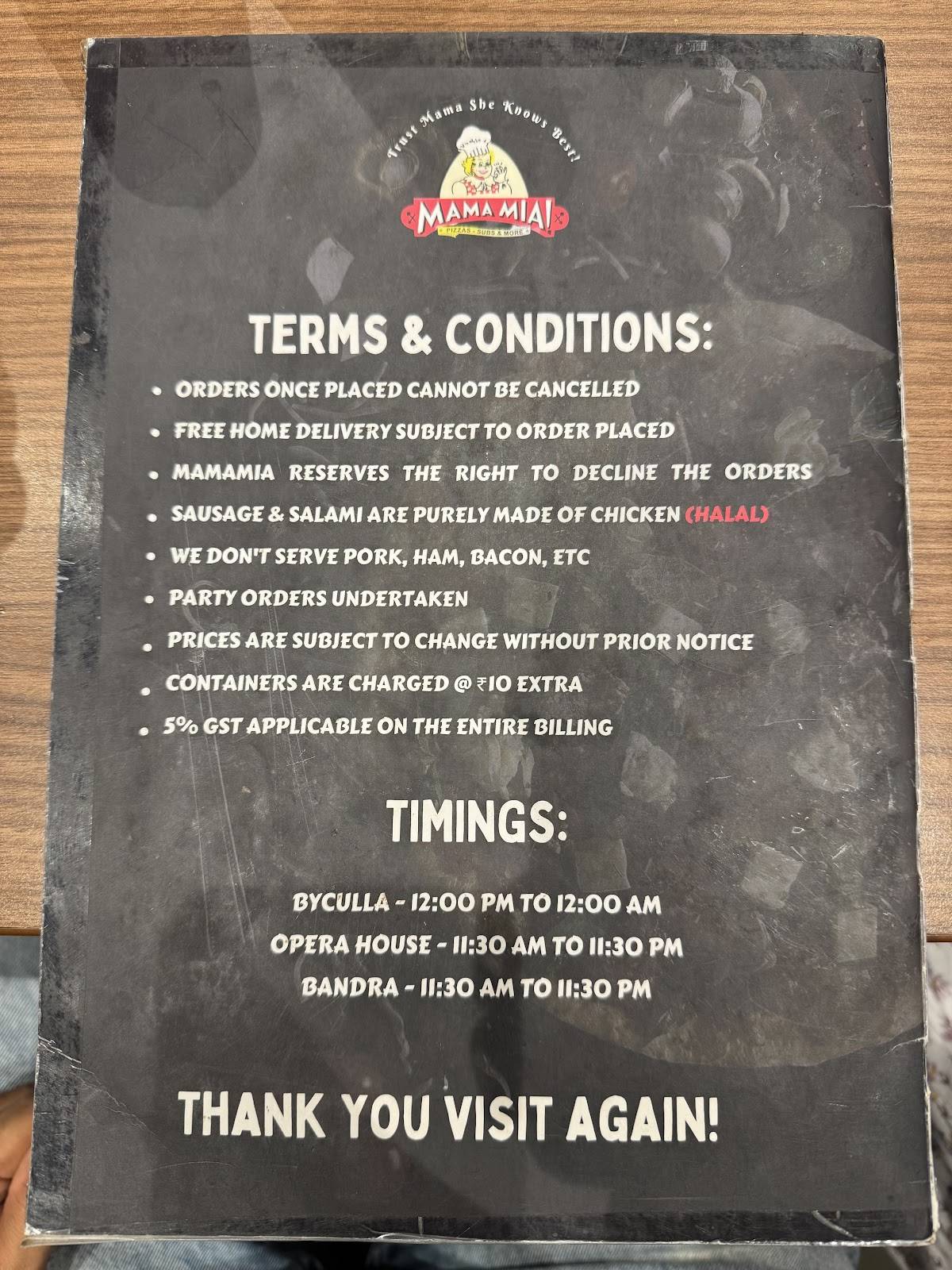 Mama Mia Pizzas menu