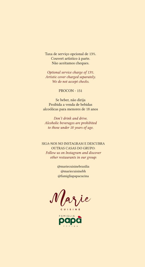 Marie Cuisine: Vinhos, Massas, Sobremesa, Bistrô, Brasília DF cardápio
