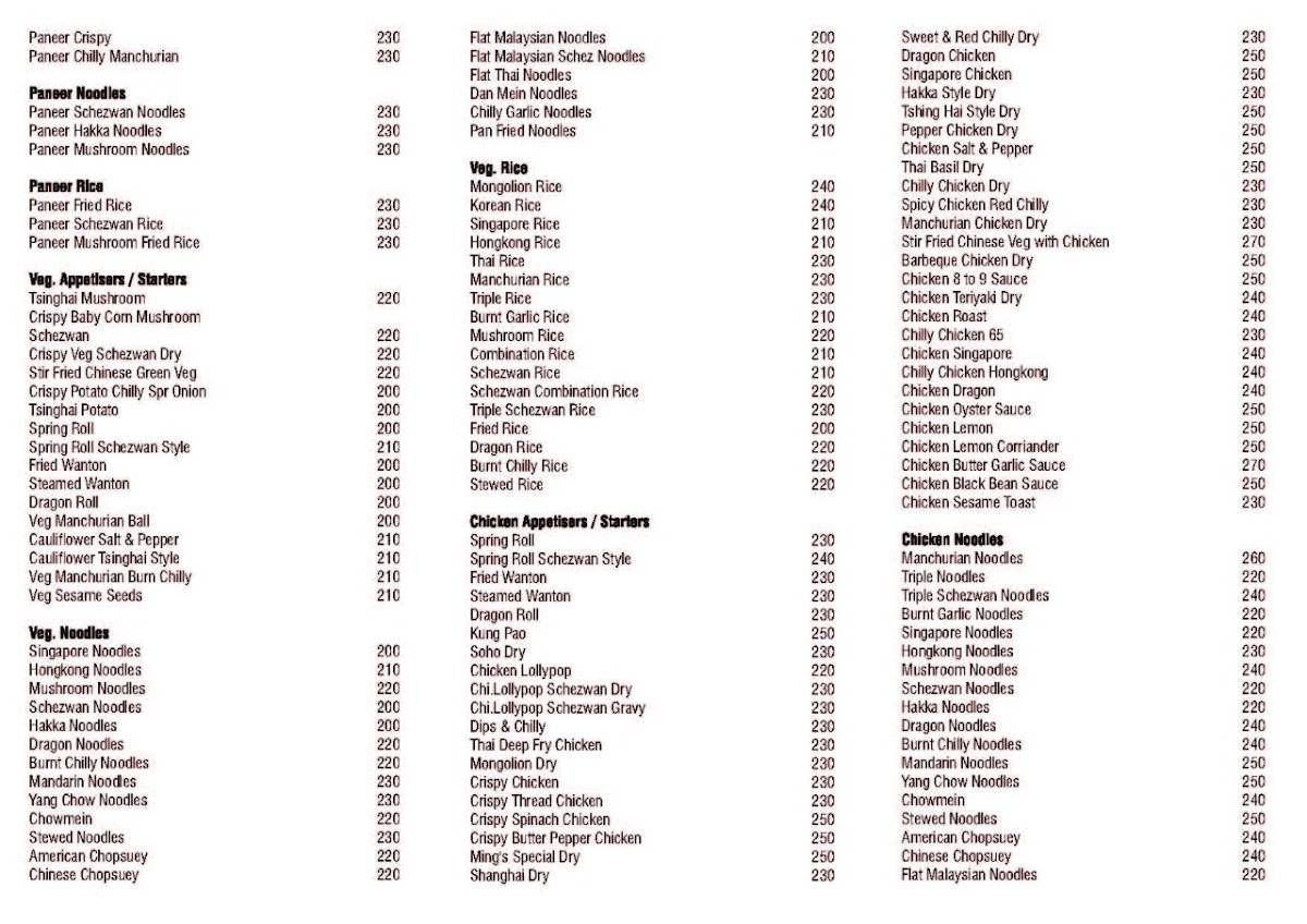 Ming's Delicacy Multicusine menu