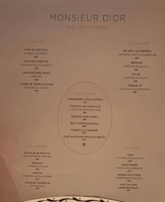 Menu at Restaurant Monsieur Dior, Paris