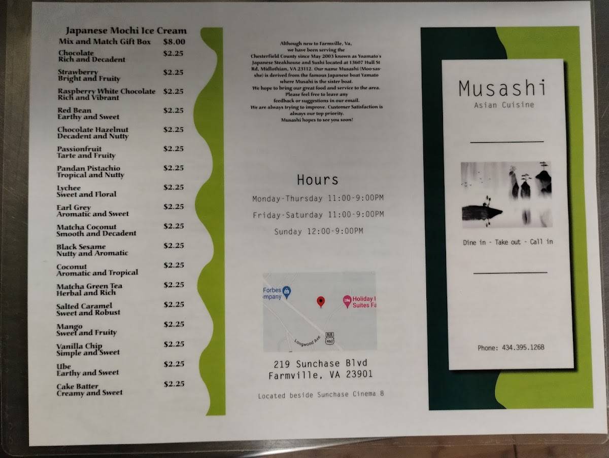 Menu at Musashi Asian Cuisine restaurant, Farmville