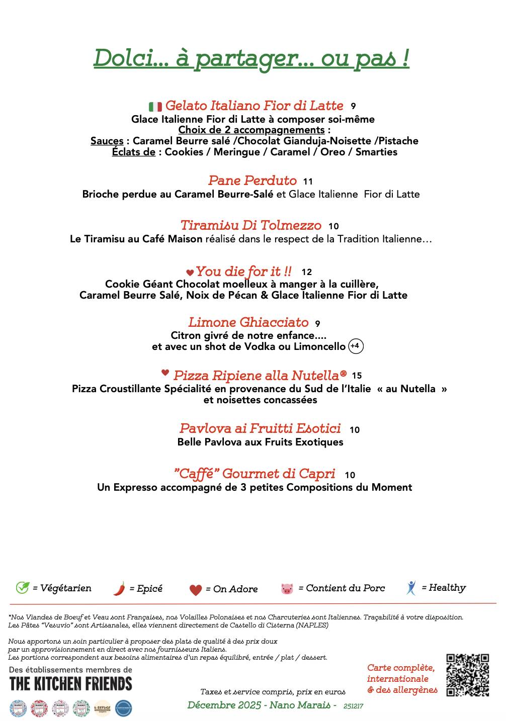 Menu de Nano Marais - Paris