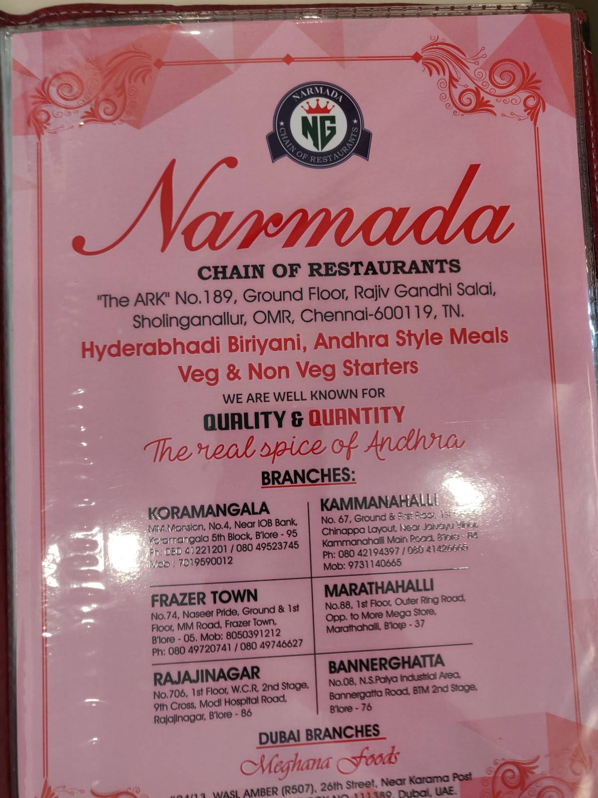 Menu At Narmada Chain Of Restaurant Sholinganallur, Chennai