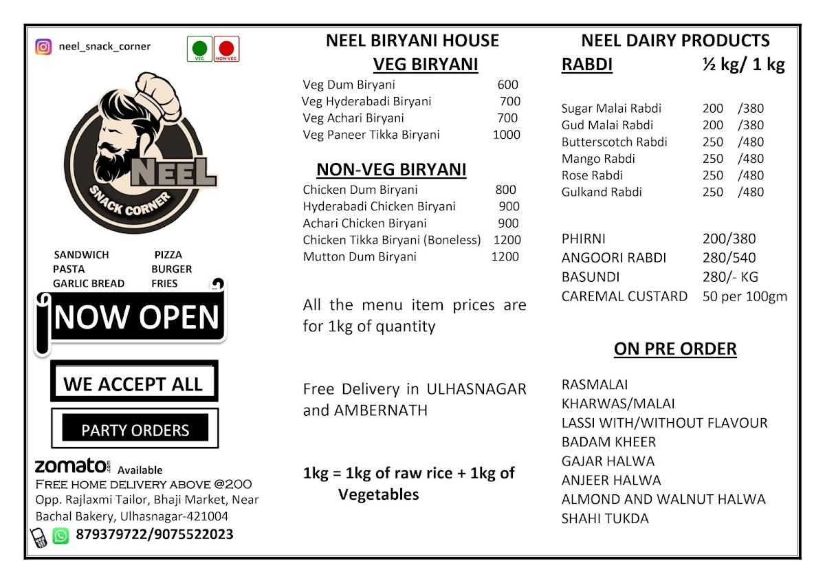Neel snack corner menu