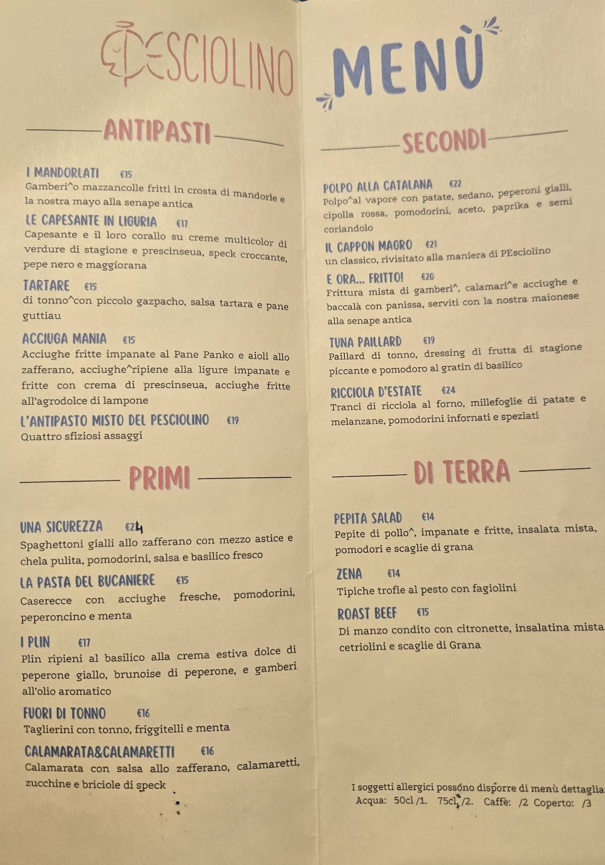 Menu de PEsciolino