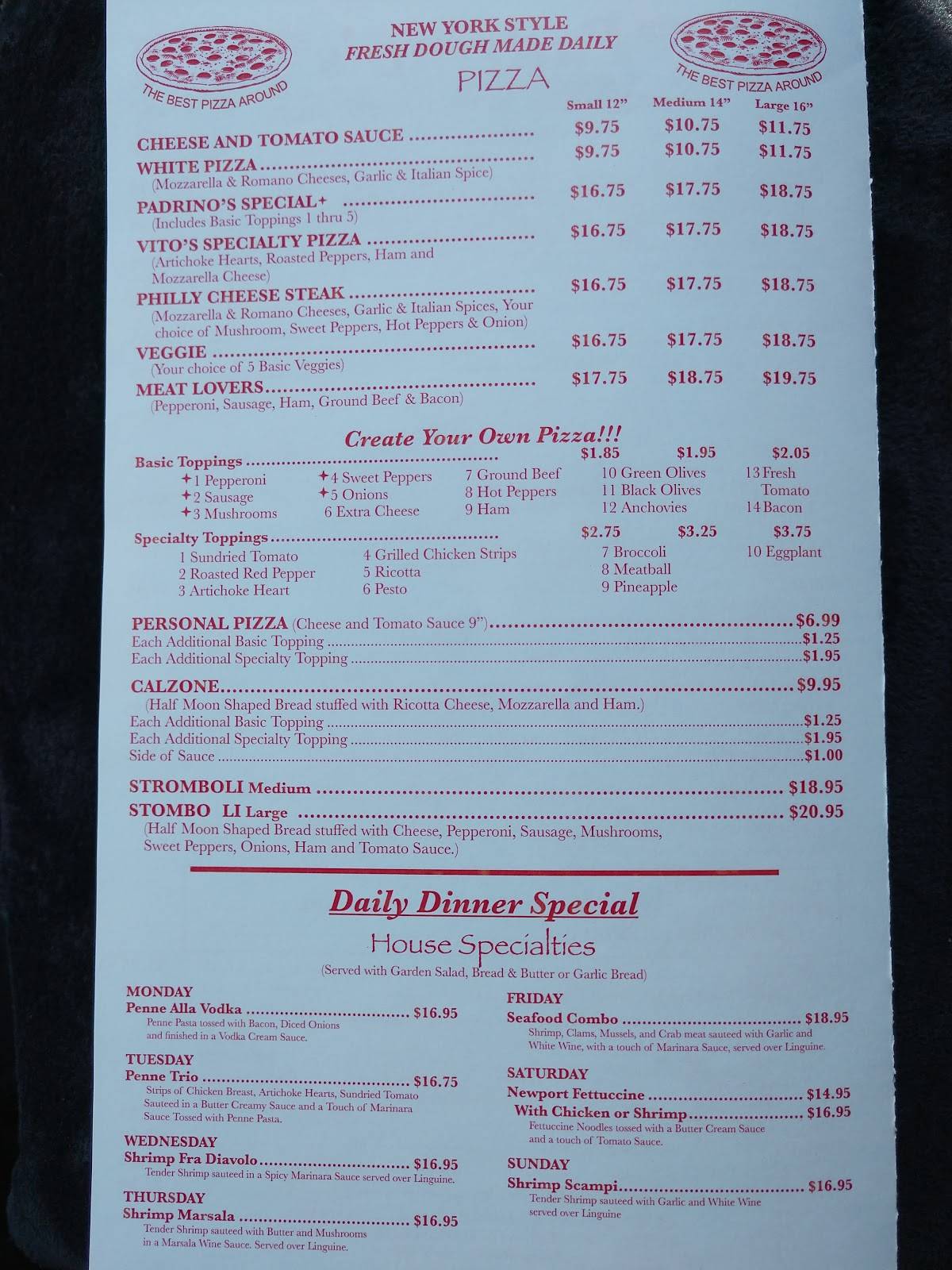 Menu at Padrinos Italian Restaurant, Beckley