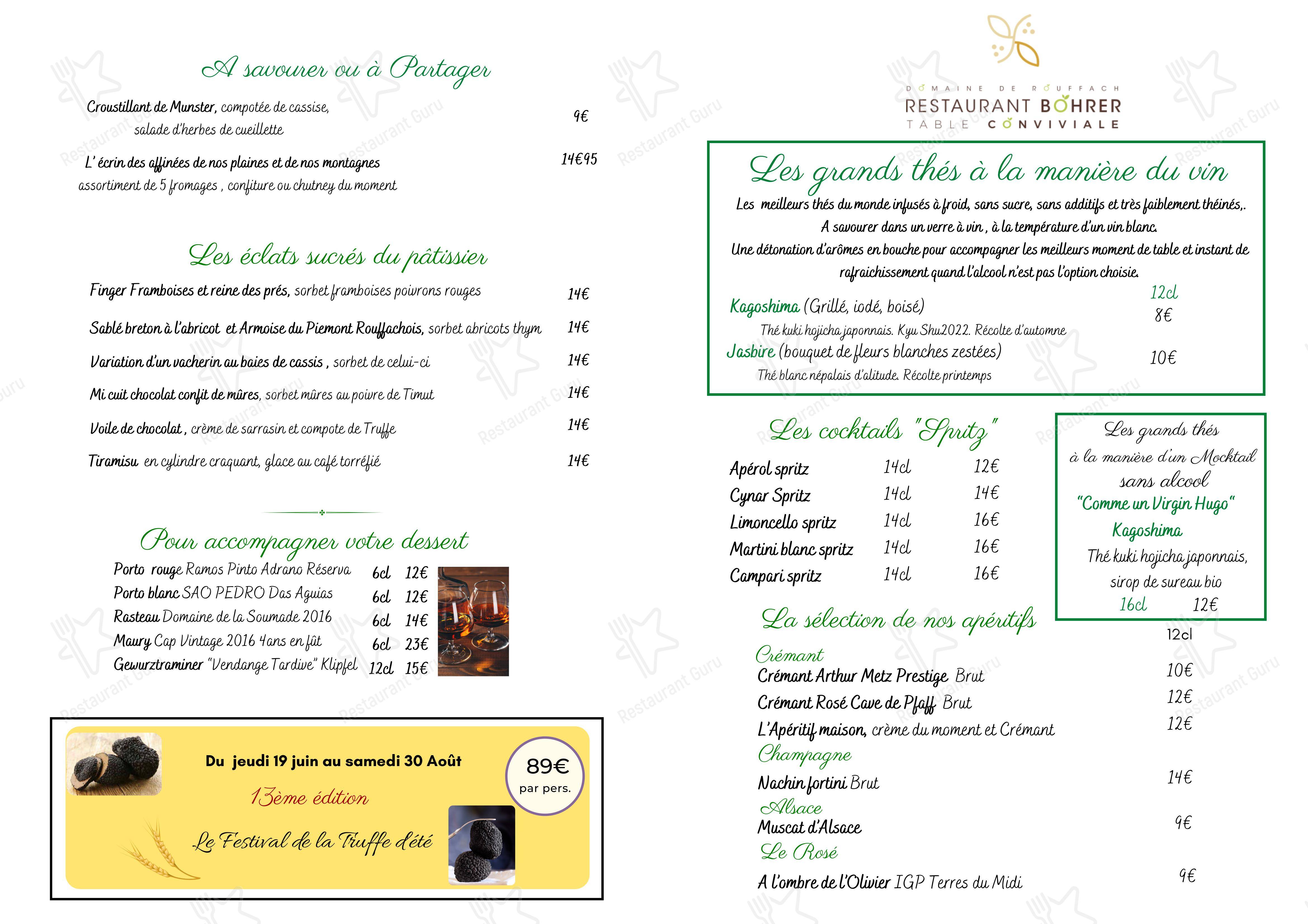 Menu pour Restaurant Philippe Bohrer - Menu bar