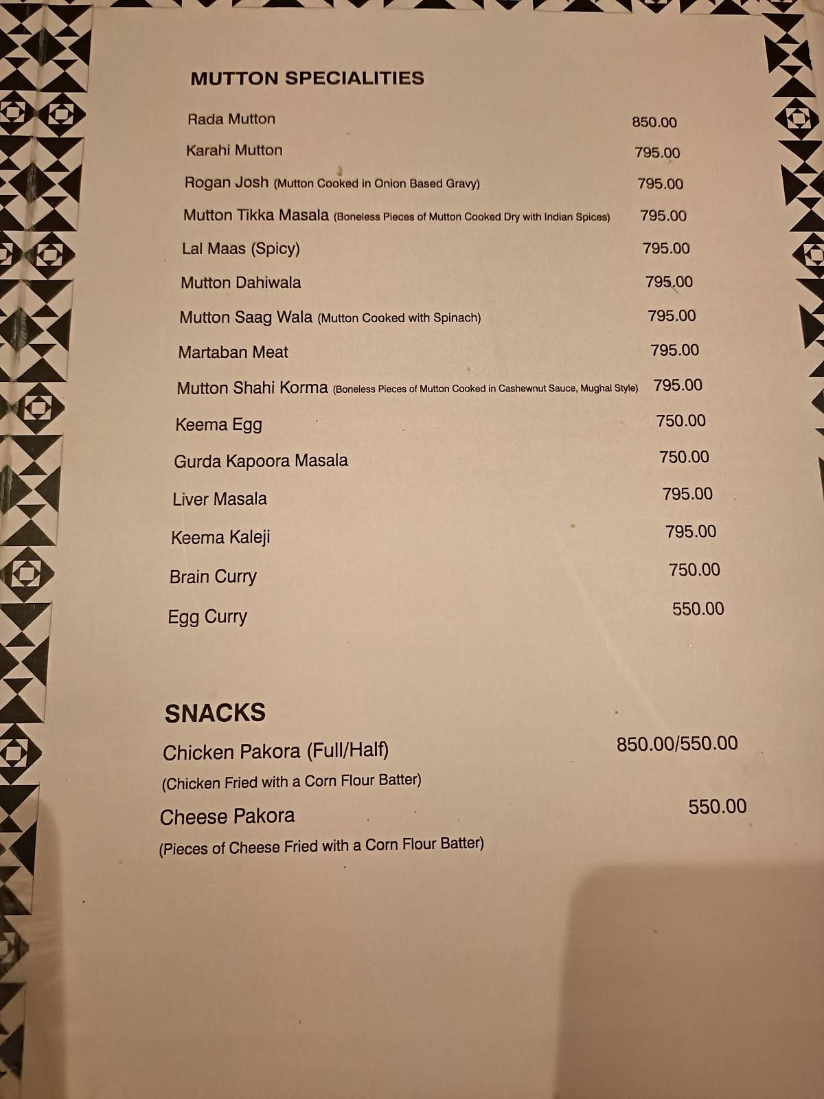 Pindi Restaurant Delhi menu