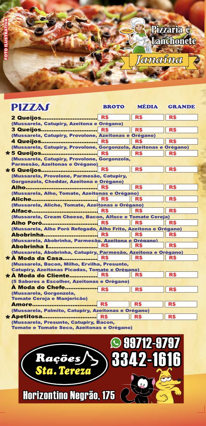 Pizzaria Janaína - Ibitinga cardápio