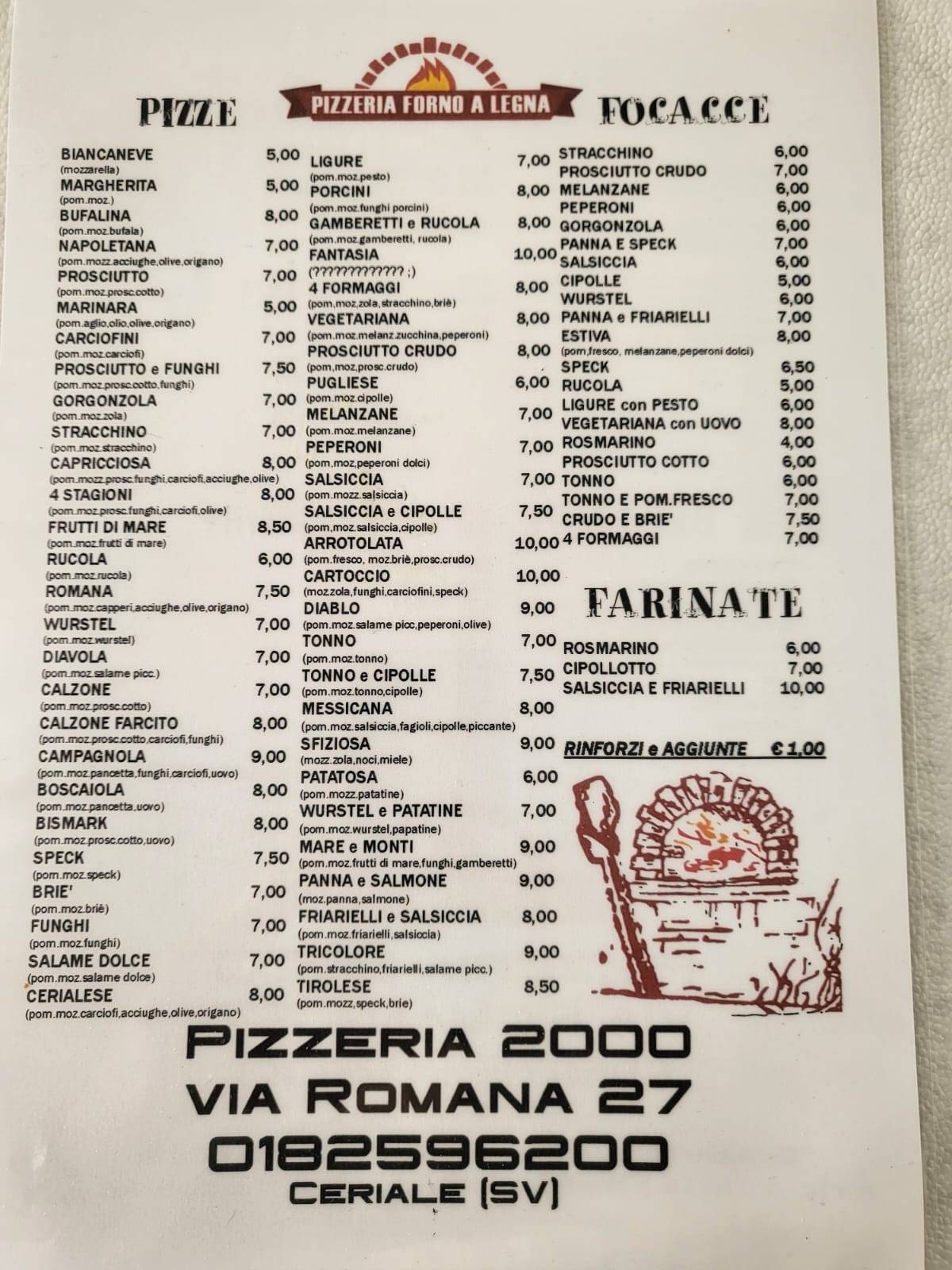 Menu di Pizzeria 2000 