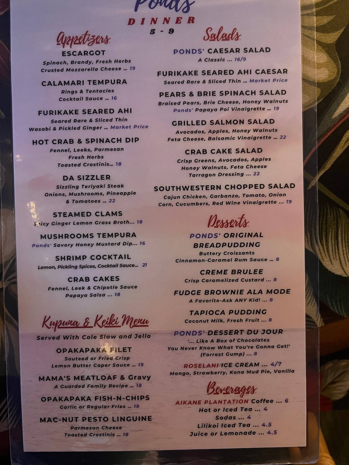 Menu at Ponds Hilo restaurant, Hilo