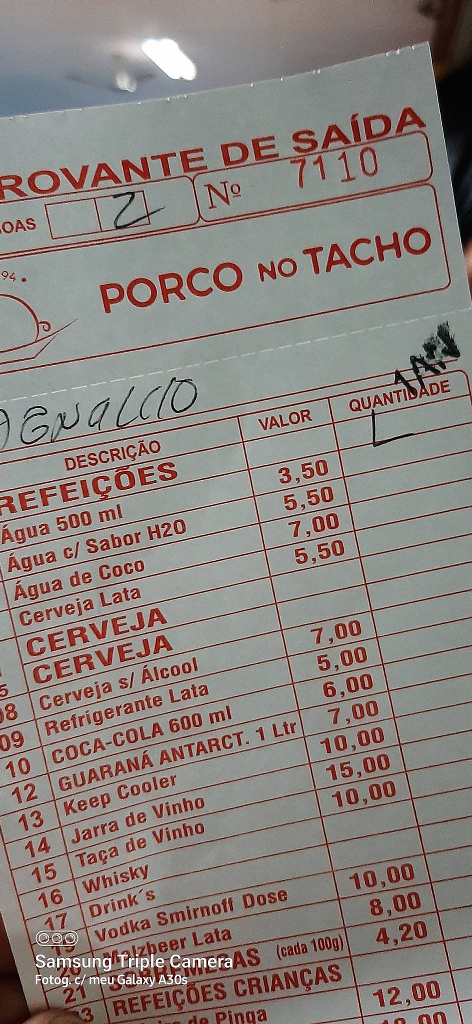 Porco no Tacho cardápio