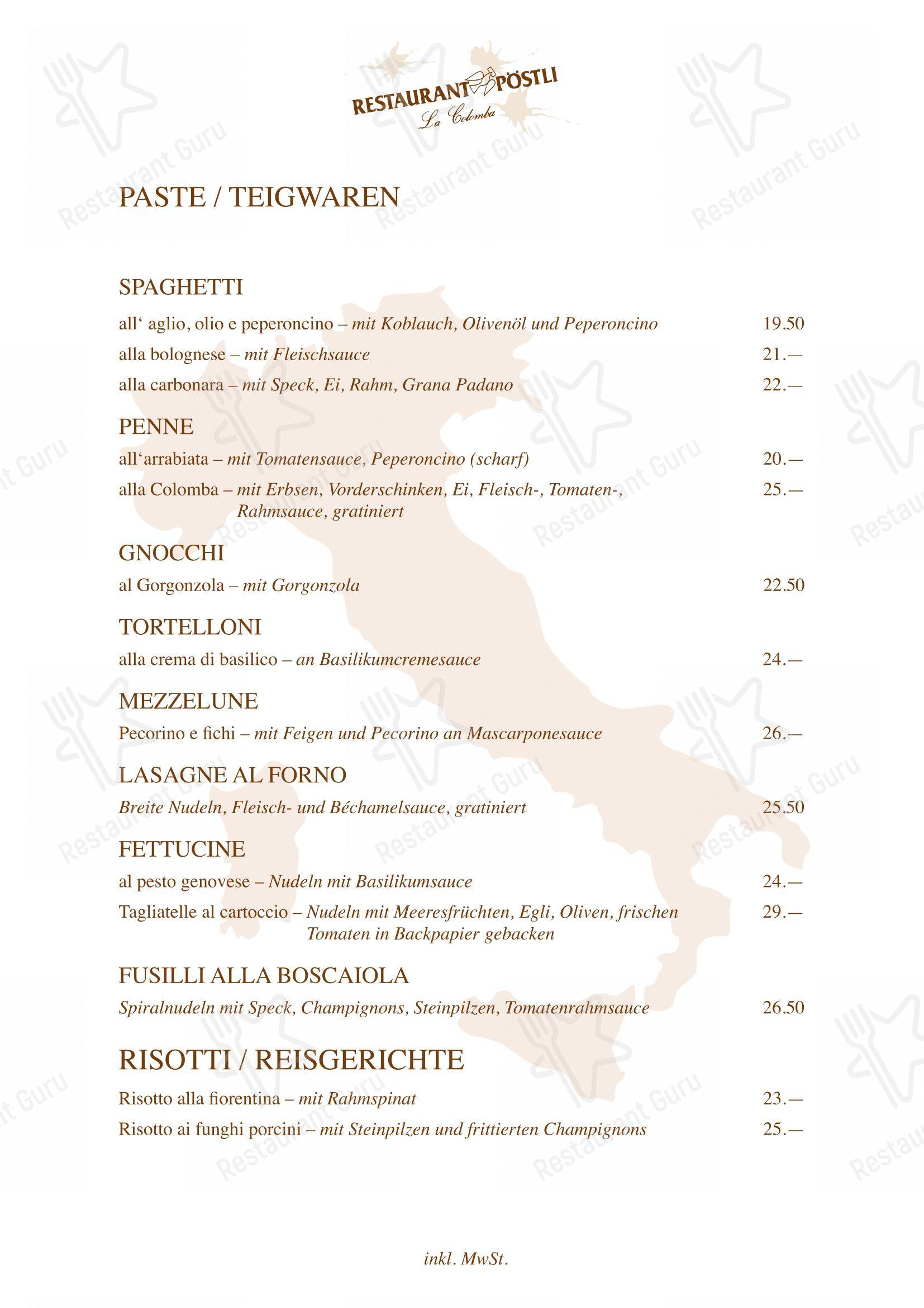 Restaurant Pöstli in Rothrist - Menu