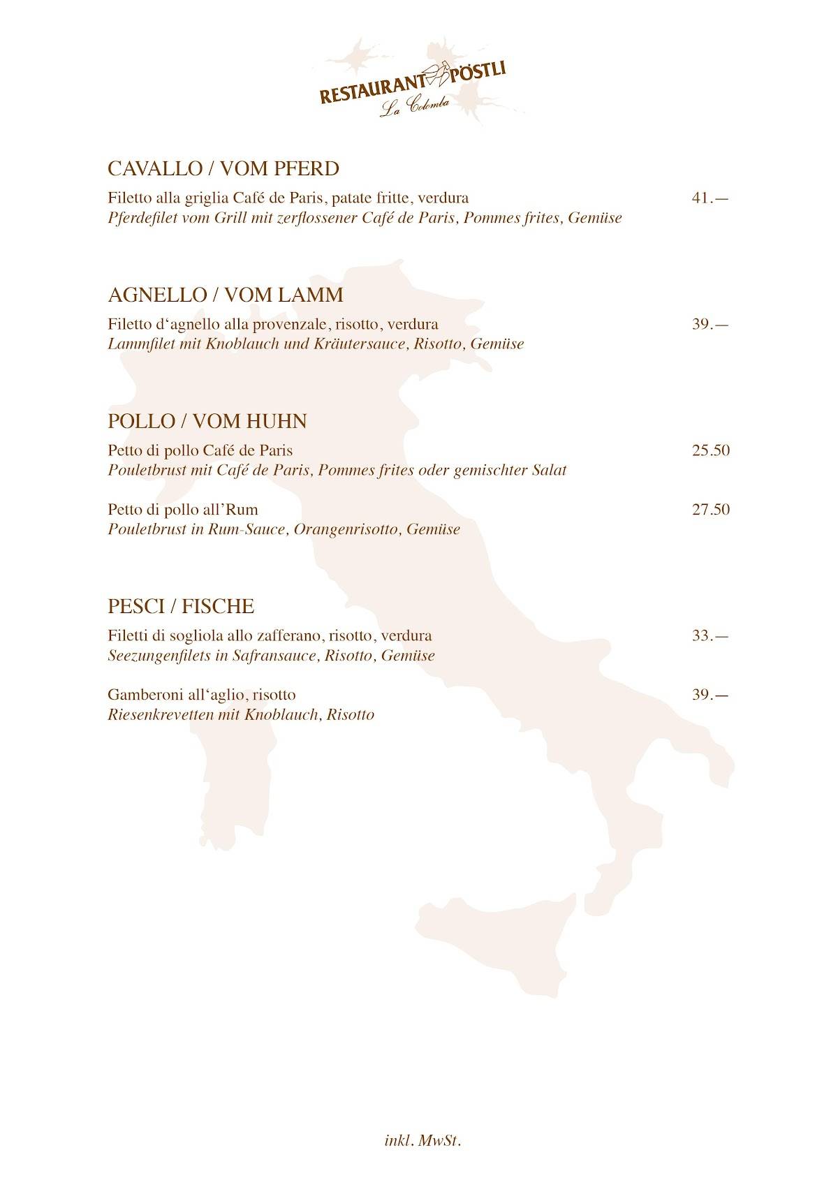Menu di Restaurant Pöstli 