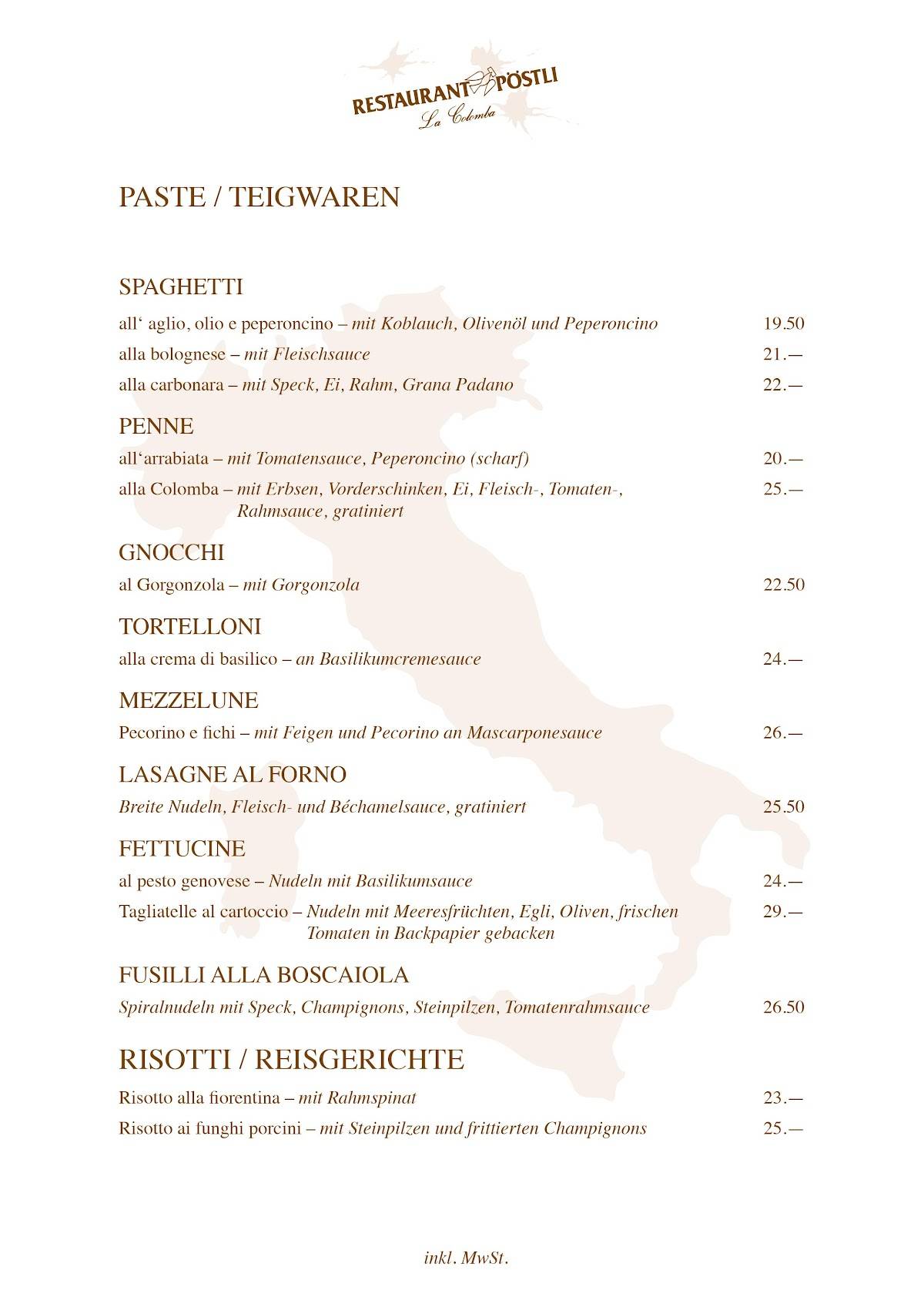 Menu di Restaurant Pöstli 